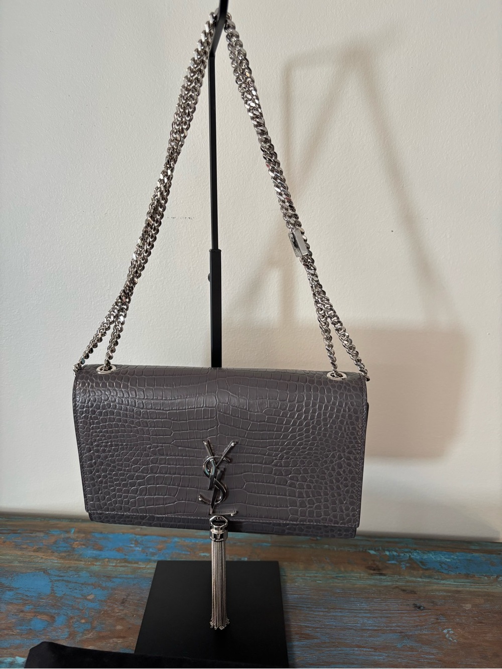 Saint Laurent Gray Croc-Embossed Leather Shoulder Bag with Silver Tassel